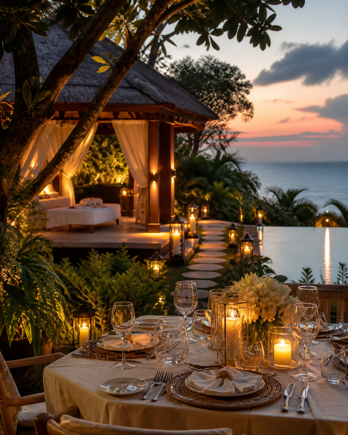 Private dining dan spa pavilion Bella Paradiso saat twilight